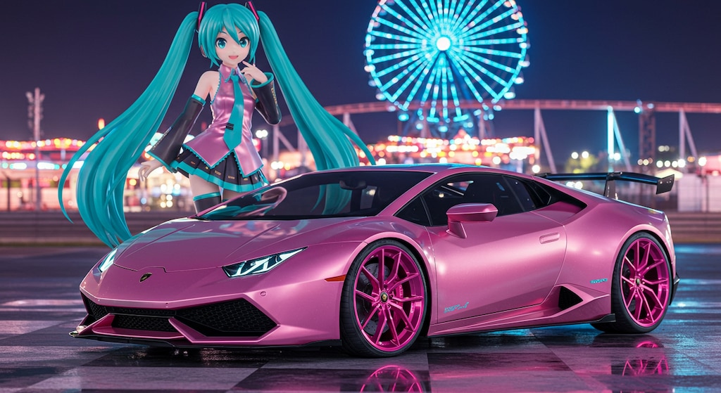 初音ミクとピンクカラーアヴェンタドール