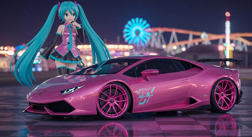 初音ミクとピンクカラーアヴェンタドール