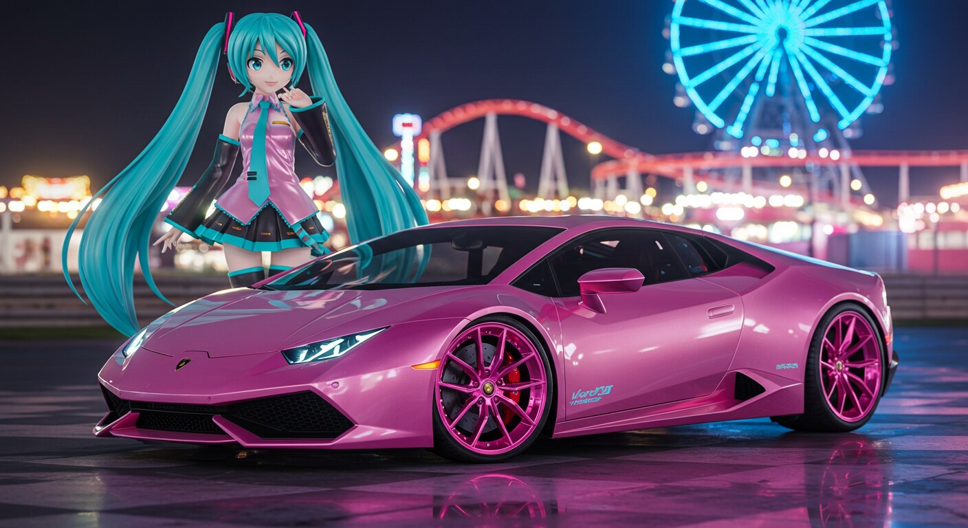 初音ミクとピンクカラーアヴェンタドール | の人気AIイラスト・グラビア