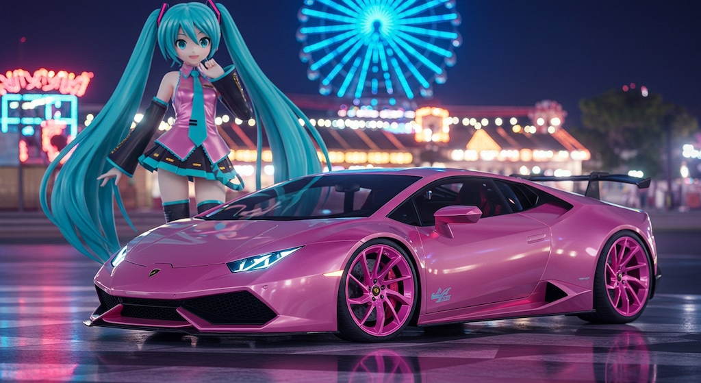 初音ミクとピンクカラーアヴェンタドール