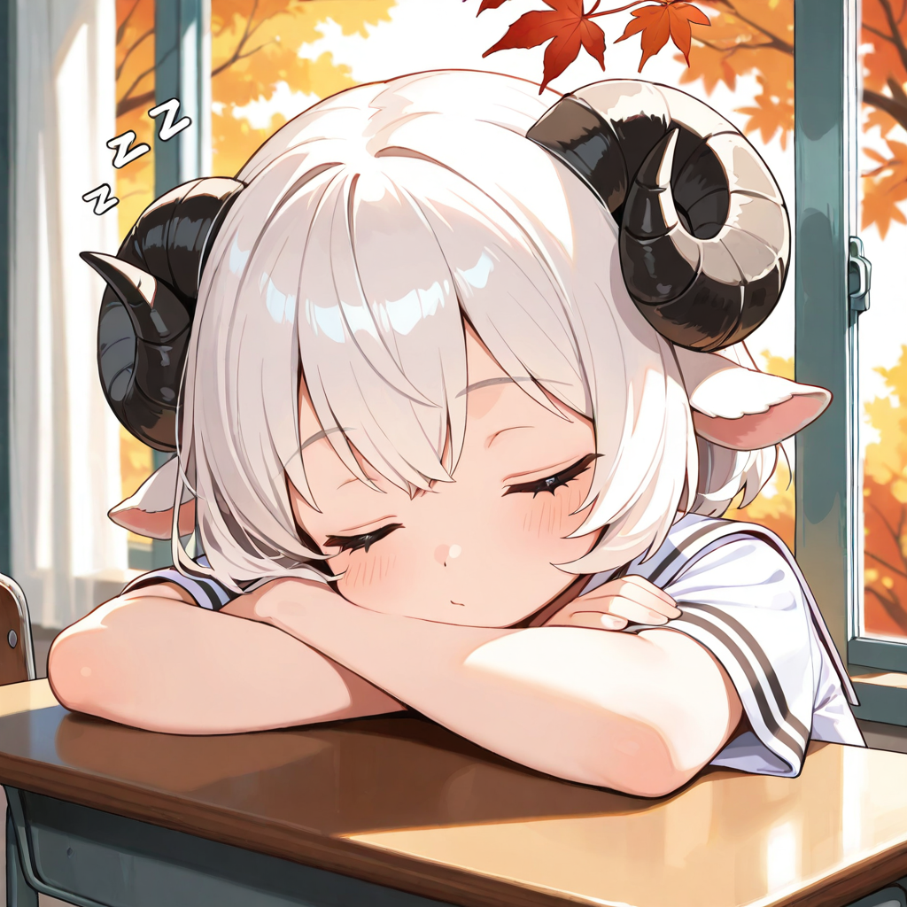 ねこちゃんの寝相のせいで寝不足気味なメイちゃん。