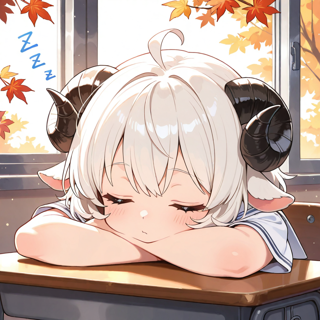 ねこちゃんの寝相のせいで寝不足気味なメイちゃん。