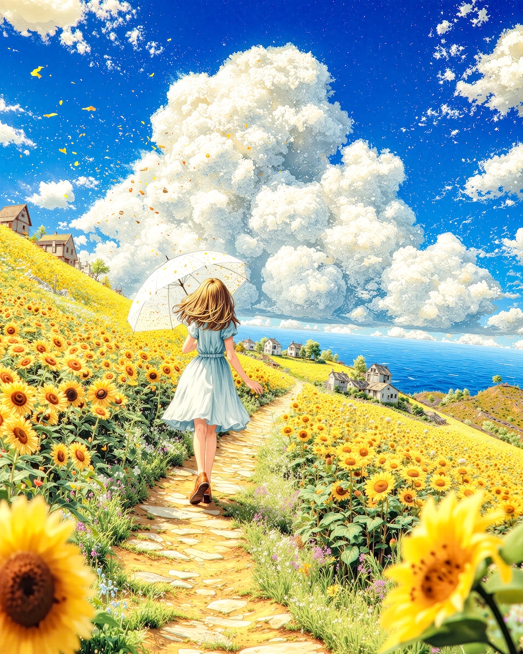 ひまわりと白いワンピース