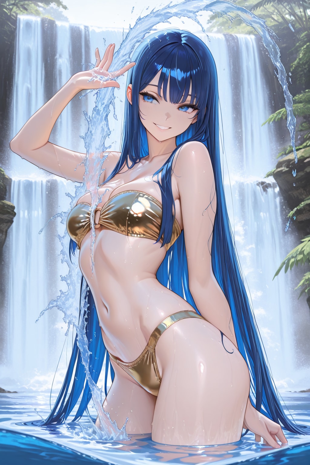 滝と水着の青髪ちゃん