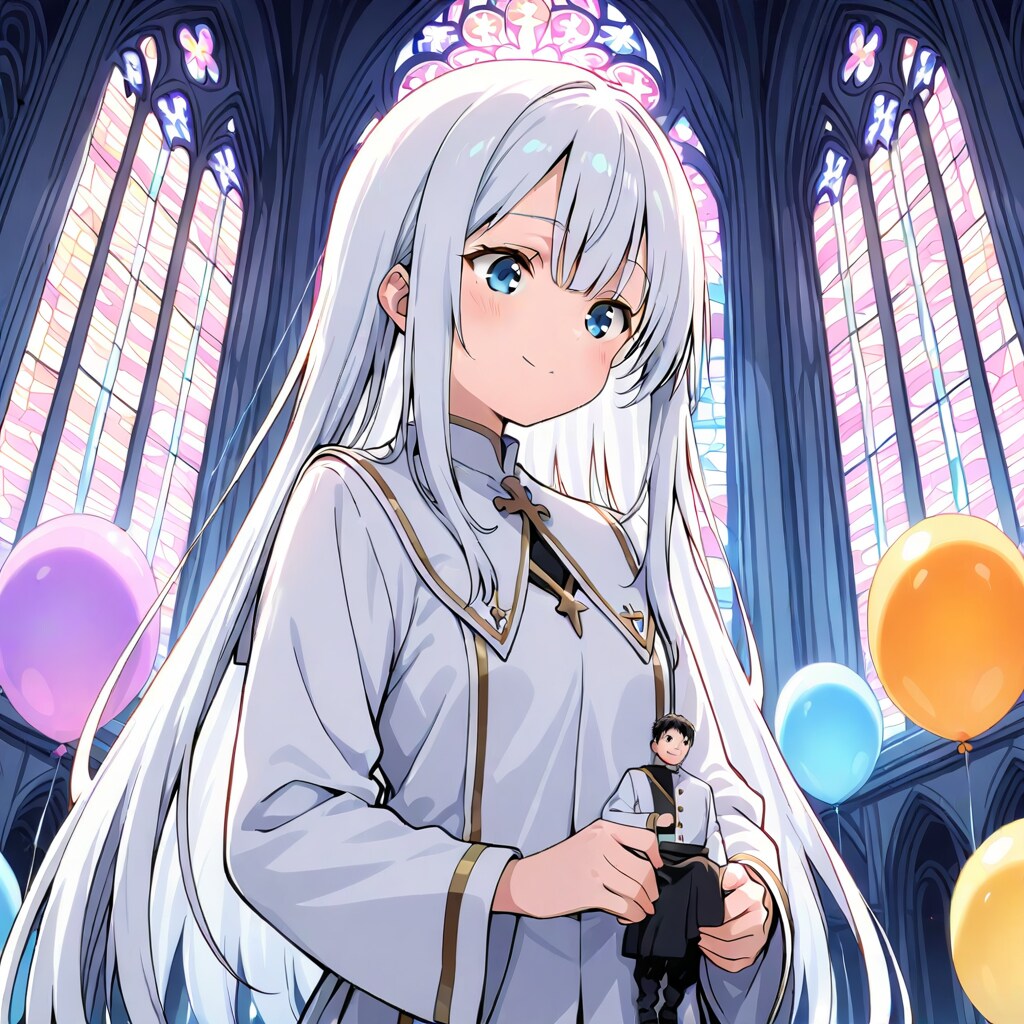いっぱい色とりどりの風船を持つ白い髪ロングの修道服着た美女 | の人気AIイラスト・グラビア
