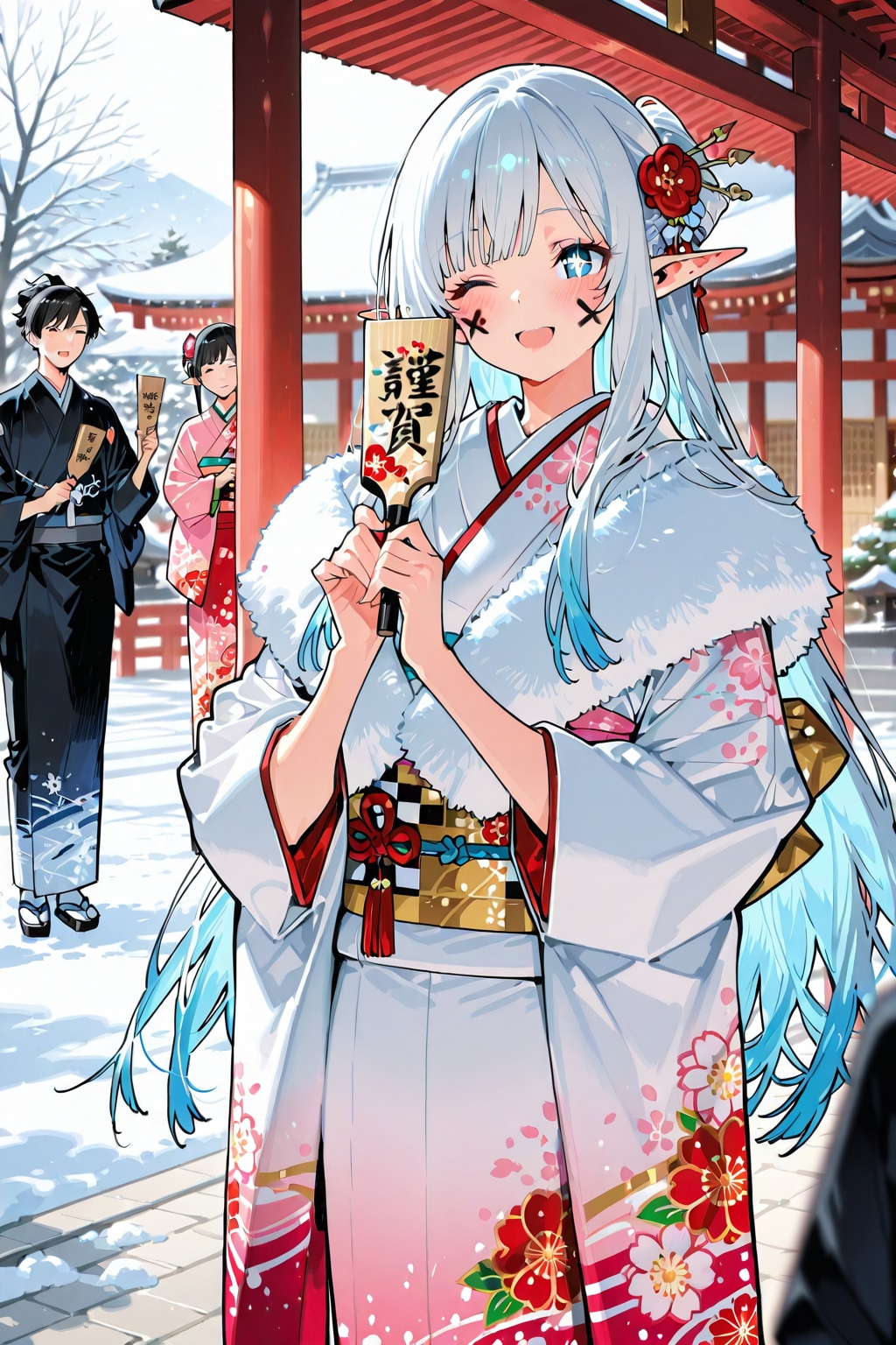 羽根つき後のエルフの女の子