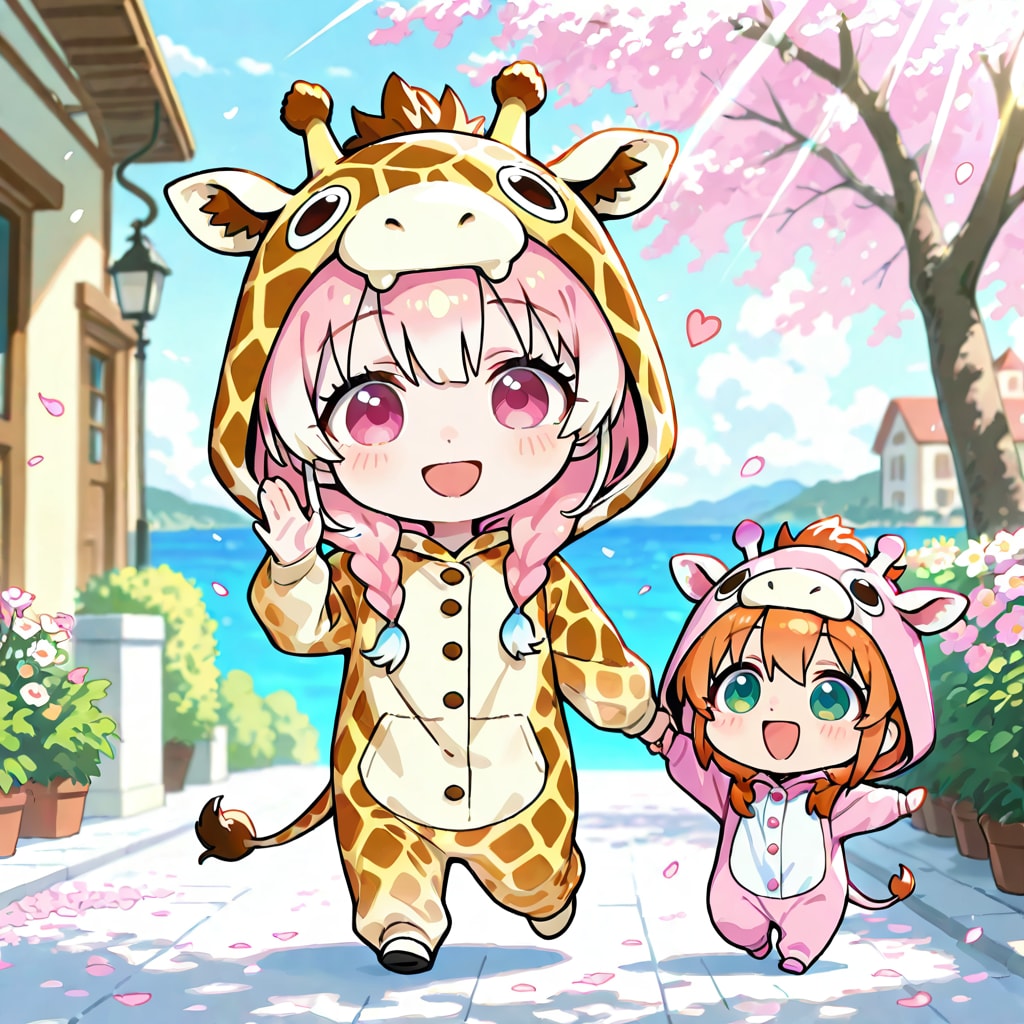 春の散歩道とキリン着ぐるみちび子ちゃんたち | の人気AIイラスト・グラビア