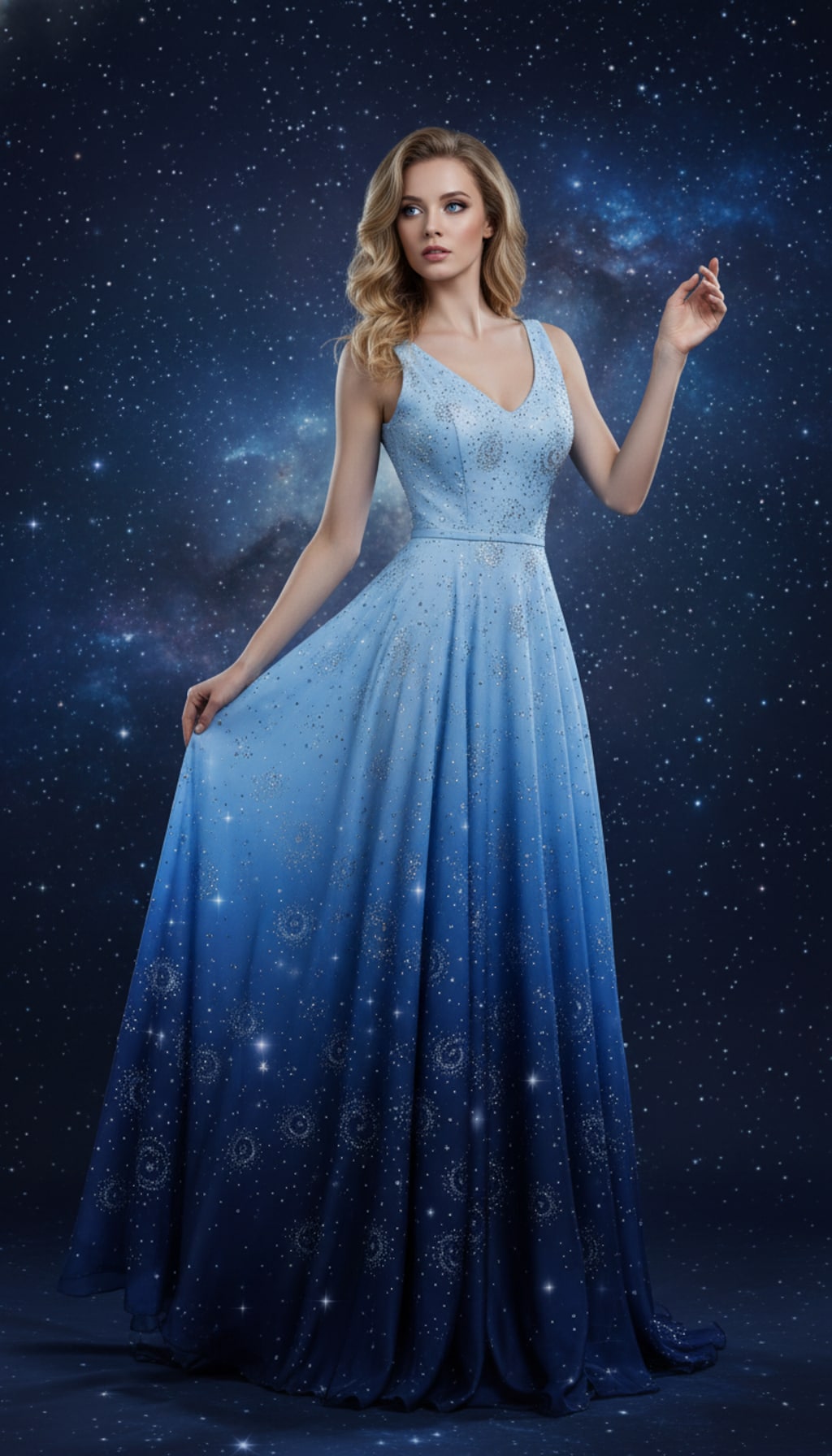 ディープブルーからライトブルーへのグラデーションで星空の様に美しいロングドレスドレスを着た金髪碧眼のスレンダーで美しい淑女の全身写真