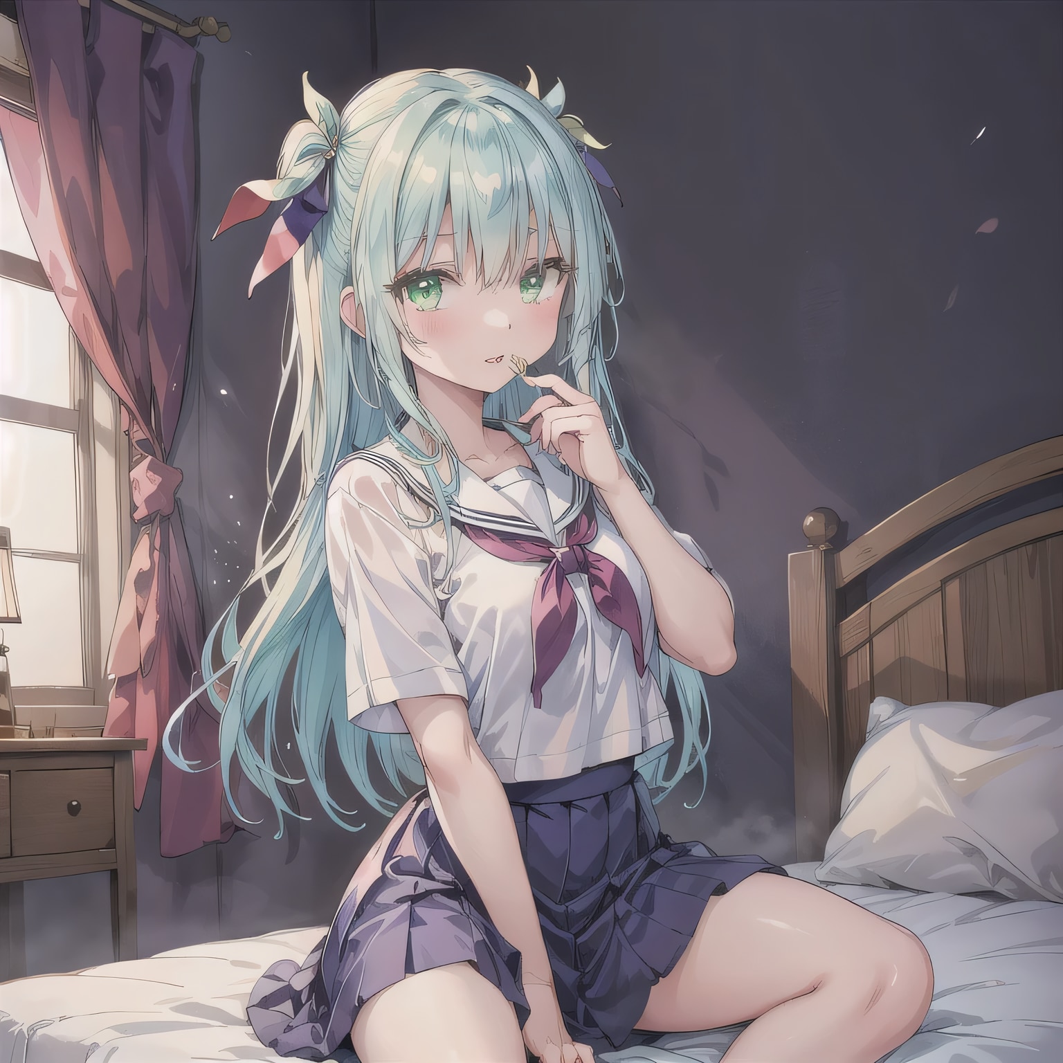 銀髪ロングで寝室の少女７ | の人気AIイラスト・グラビア