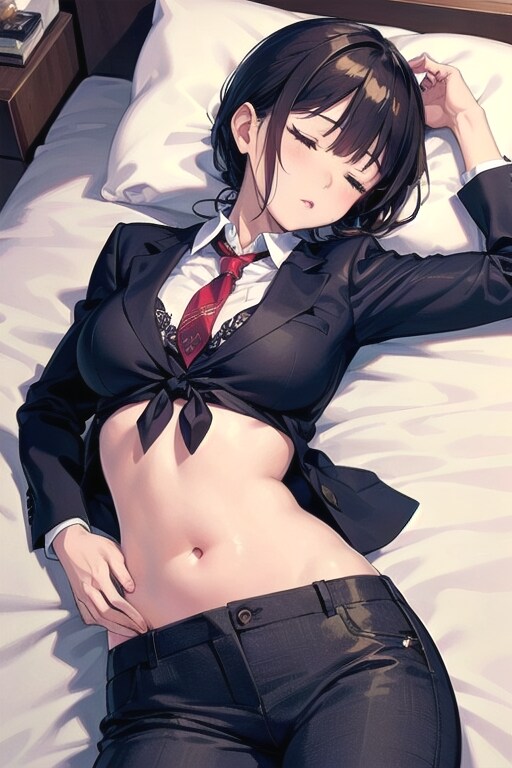 へそ出しスーツOLのホテルベッド