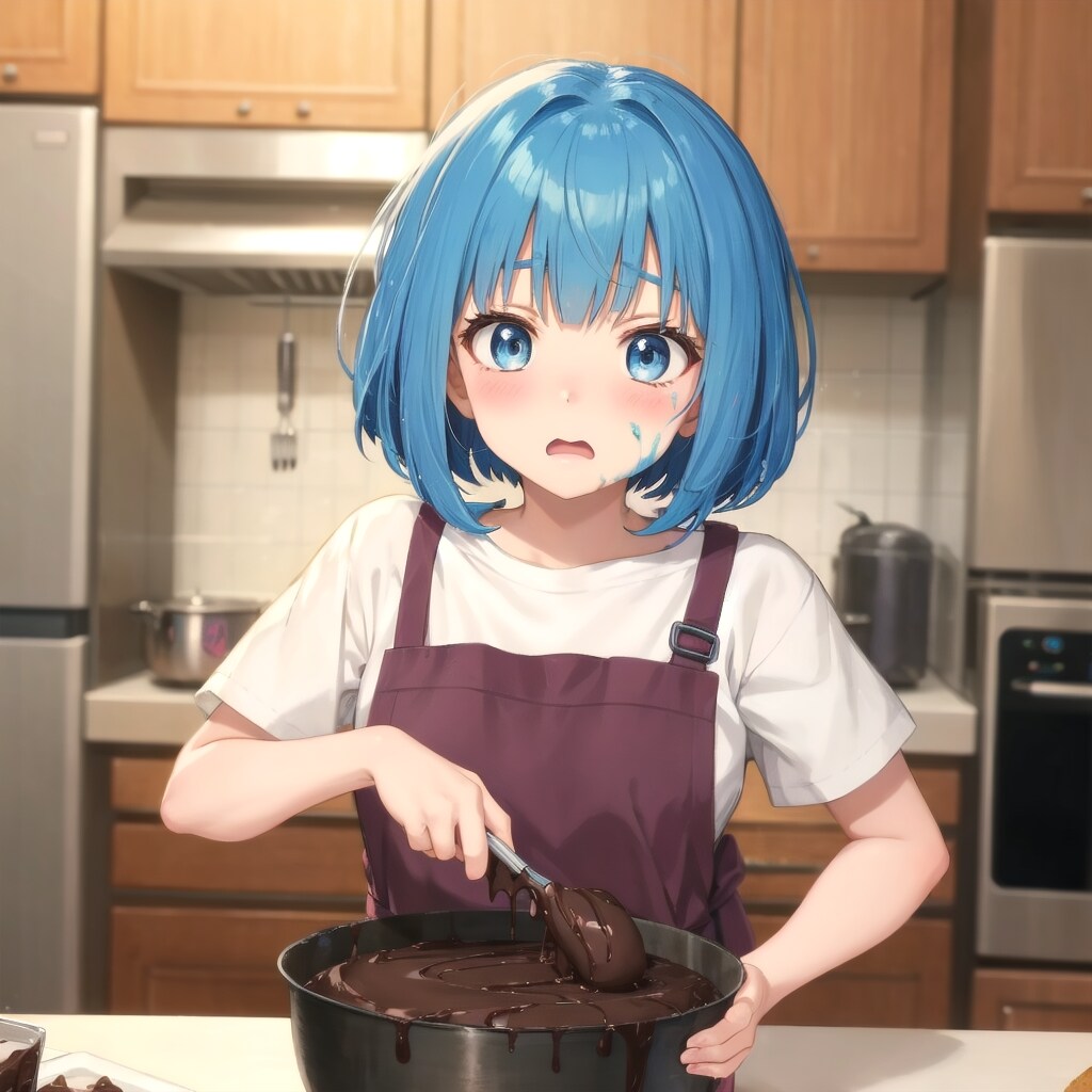 チョコレート作りに失敗してしまう青髪ボブ子ちゃん | の人気AIイラスト・グラビア