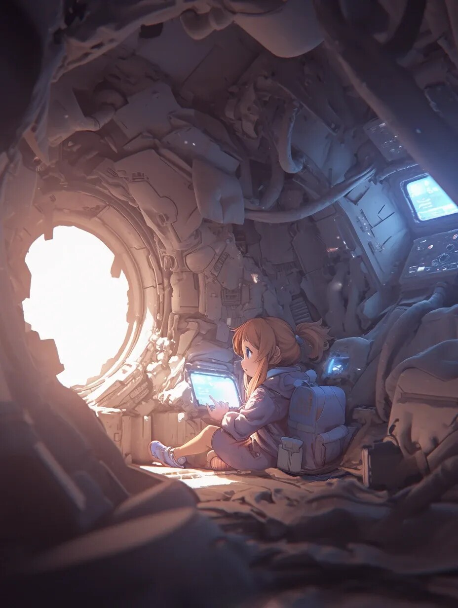 スペースコロニーの中で操作している女の子 Girl operating in a space colony.