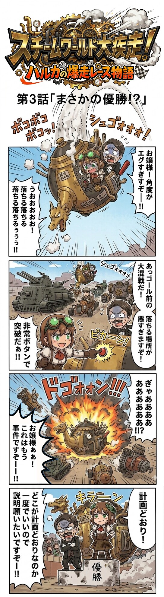 スチームワールド大疾走！ハルカの爆走レース物語　第3話「まさかの優勝!?」（四コマ漫画【たた８】３２の３）
