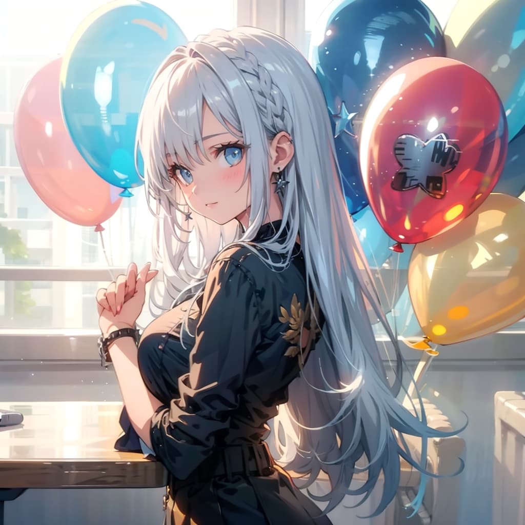 いっぱい色とりどりの風船を持つシルバーロングヘアの美女