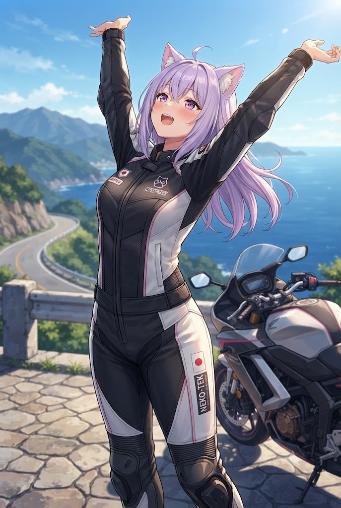 良き景色で深呼吸するライダースーツのシス
