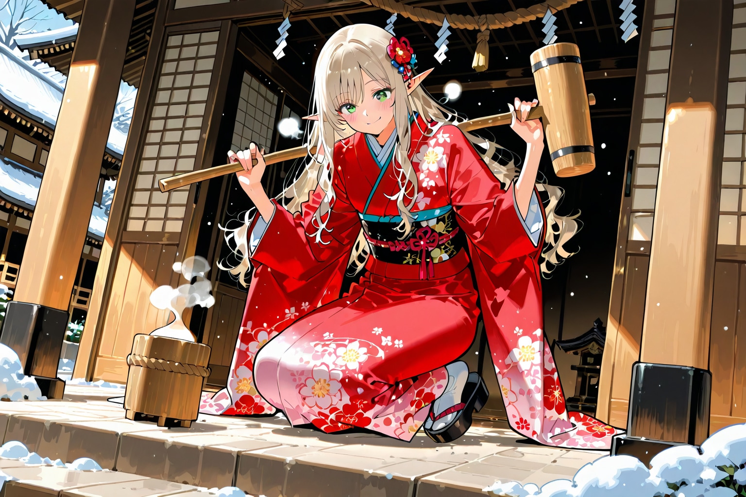 餅つき？をするエルフの女の子 | の人気AIイラスト・グラビア