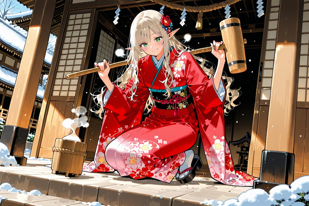 餅つき？をするエルフの女の子