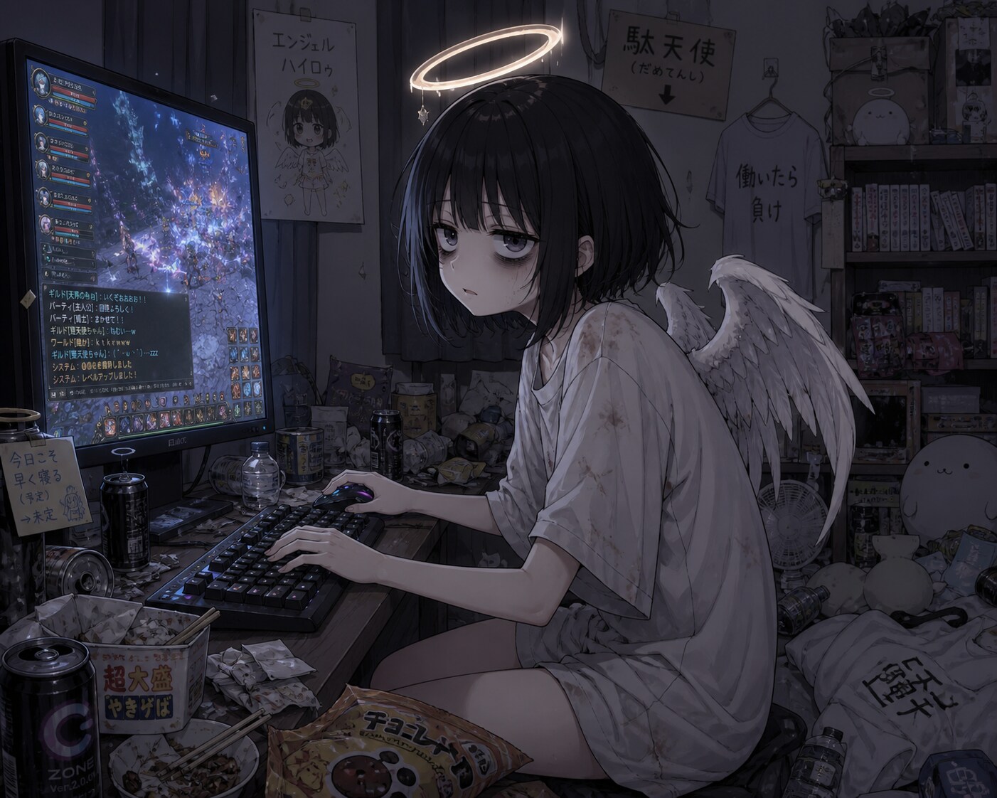 MMORPGをしている天使の女の子