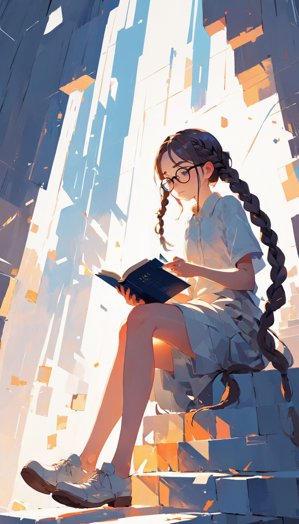 本を読む眼鏡三つ編みの少女
