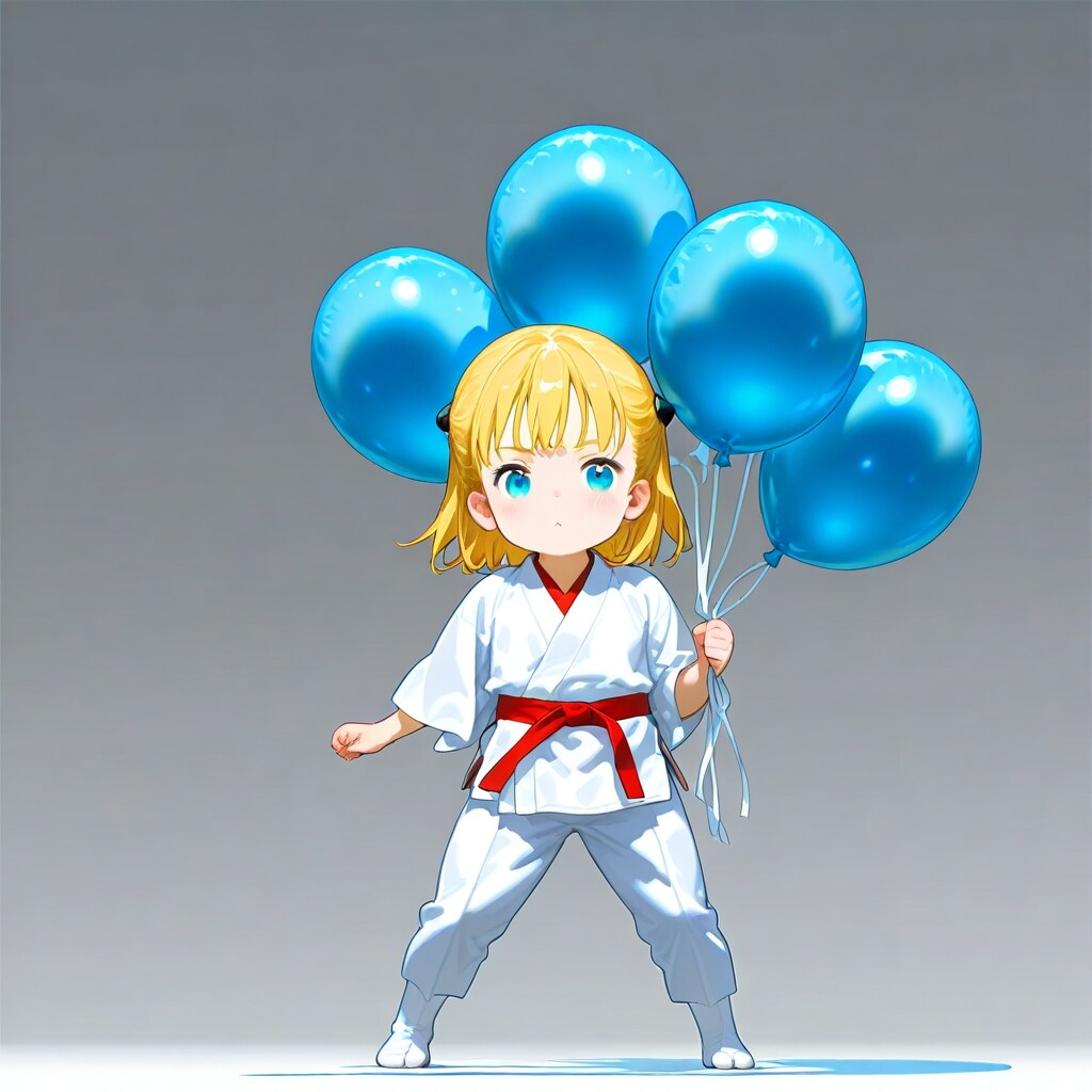 青い風船を持つ空手選手の美女。