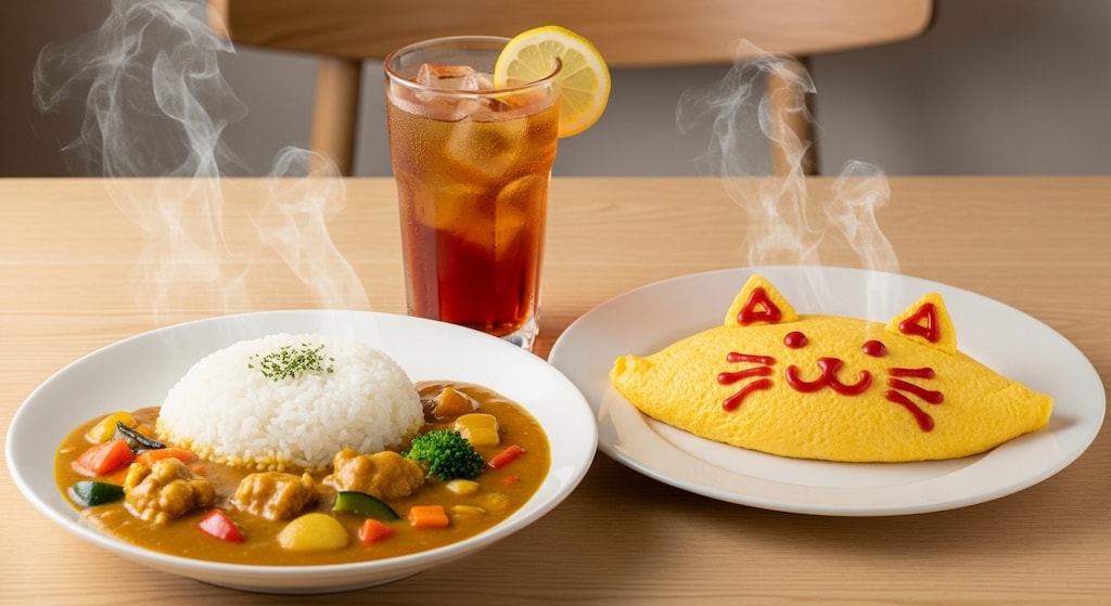 摩訶不思議食堂のカレーライスとオムレツのセット