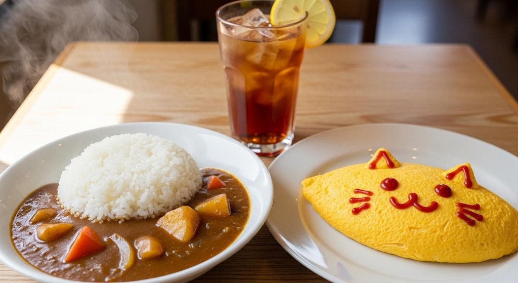 摩訶不思議食堂のカレーライスとオムレツのセット