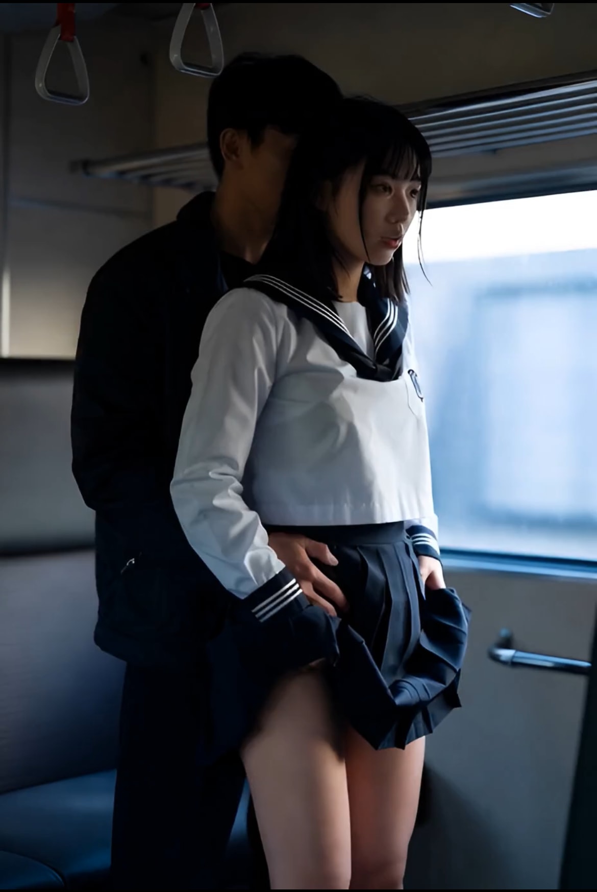 後ろからスカートを捲られる女子高生