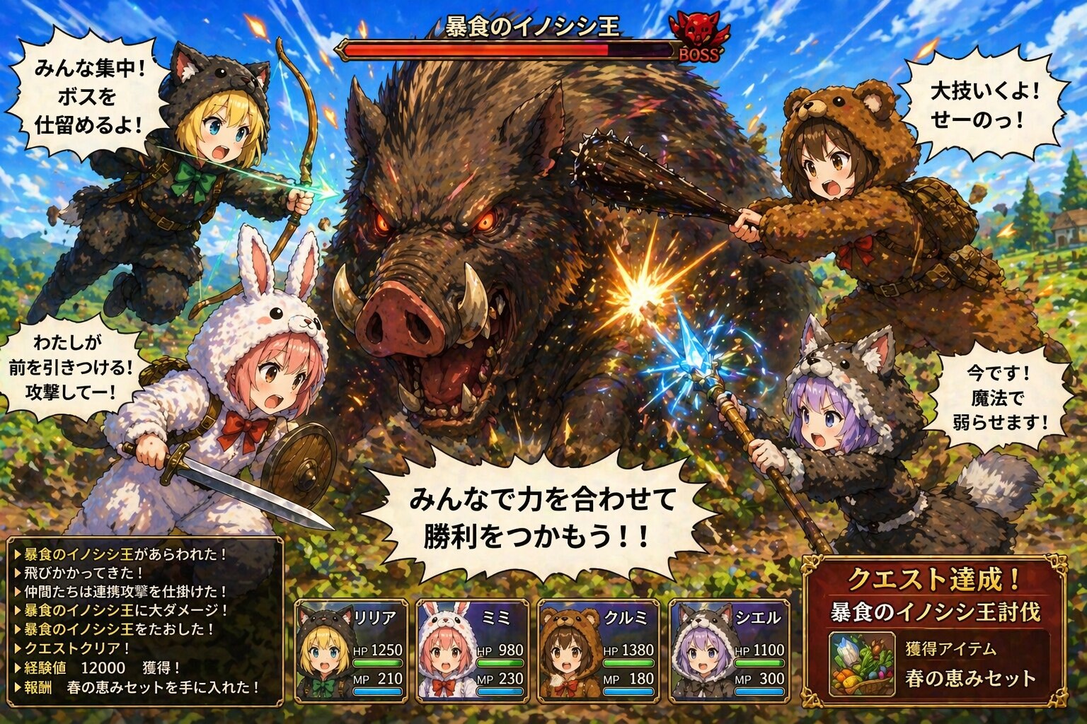 【All0427c】野生の豚と戦闘中、突然巨大な豚のボスが乱入してきた、着ぐるみ冒険者たちは力をあわせてボスを討伐する。（モデル: ChatGPT）