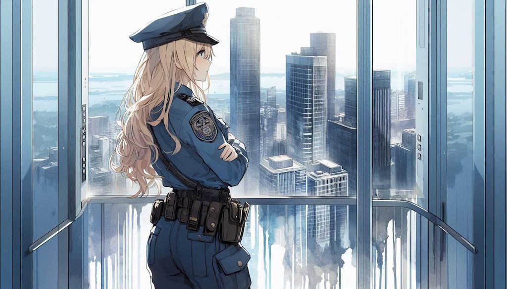 エレベータから外を眺めるポリスちゃん (ポリス⑥)