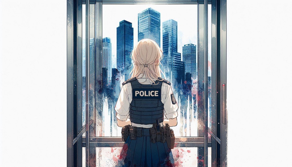 エレベータから外を眺めるポリスちゃん (ポリス⑥)