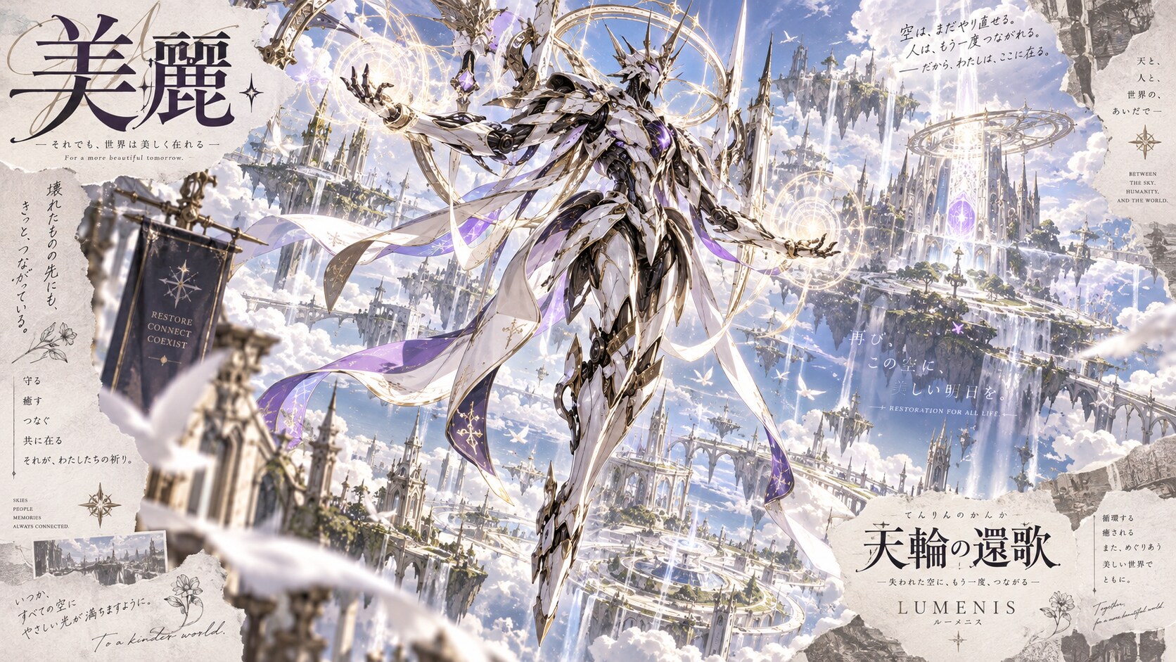 A white and gold guardian rising over a sky kingdom, weaving broken worlds back into one.  The sky c | の人気AIイラスト・グラビア