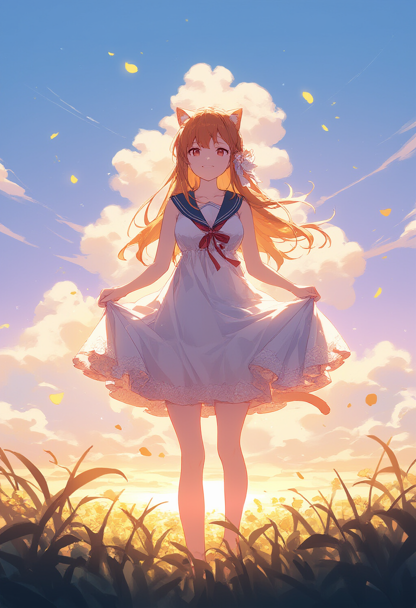 The twin-tailed girl stands in the glowing paradise of mythical Shangri-La
