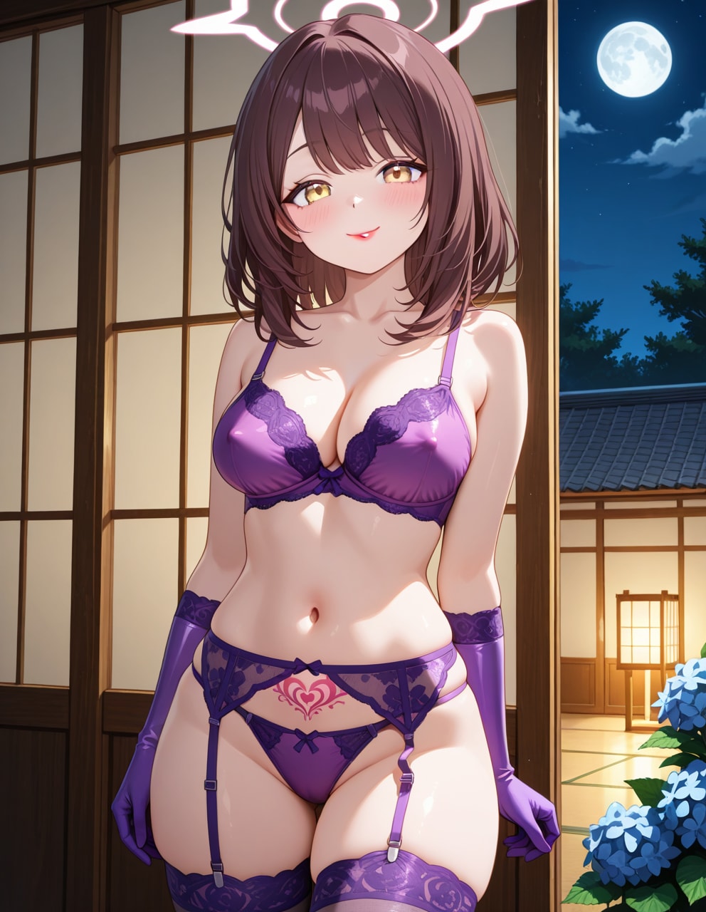 紫下着の心実さんとアジサイ(PixAI版)