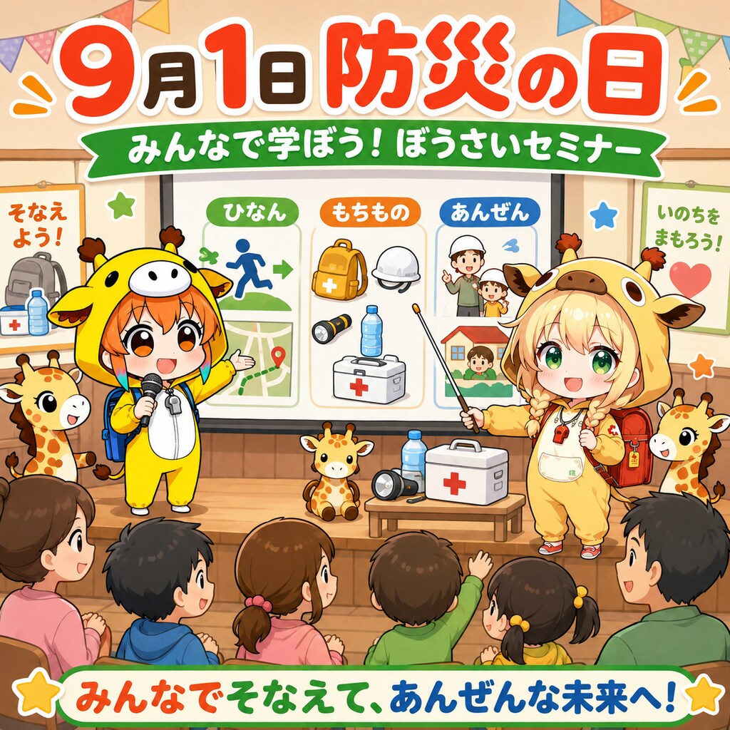 災害に備えるキリン着ぐるみちび子ちゃん