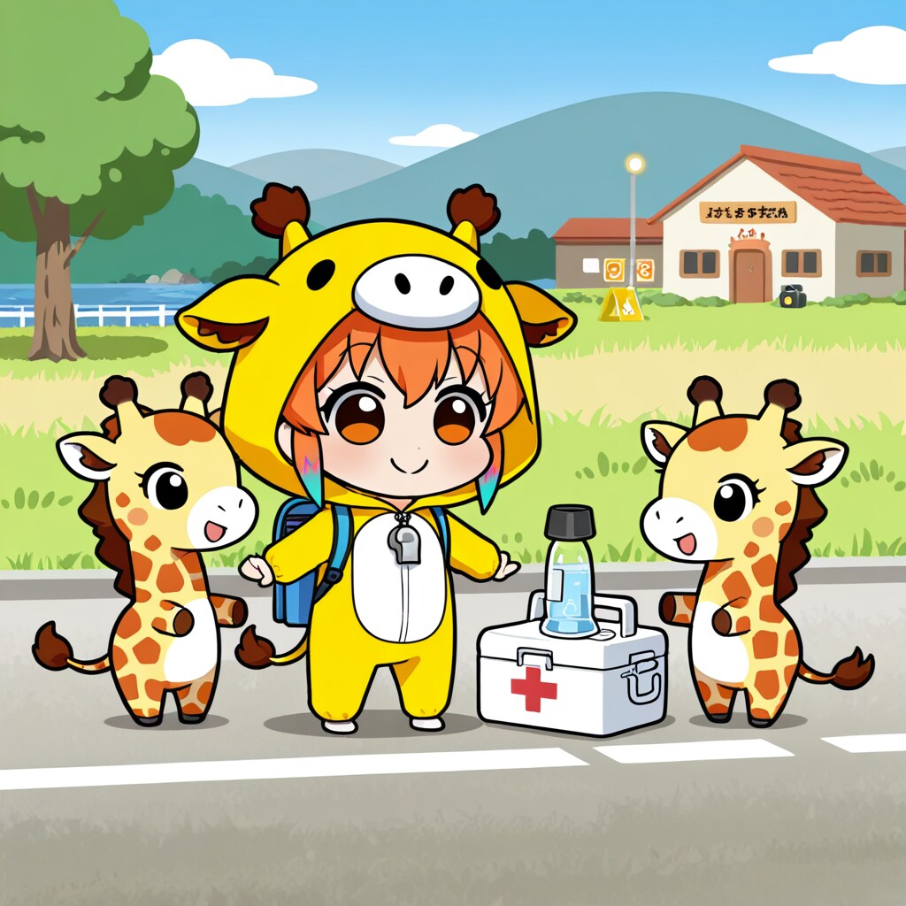 災害に備えるキリン着ぐるみちび子ちゃん