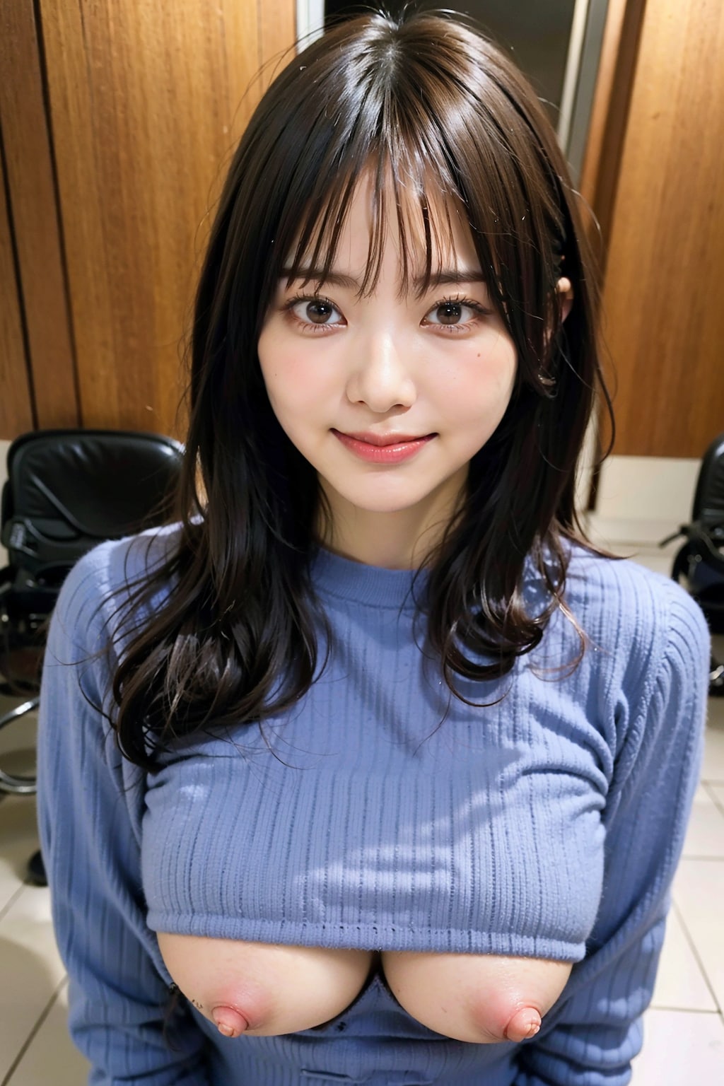 青ニットLoraでポロリ
