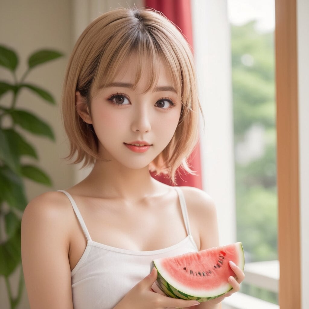 金髪女子とスイカ フォト