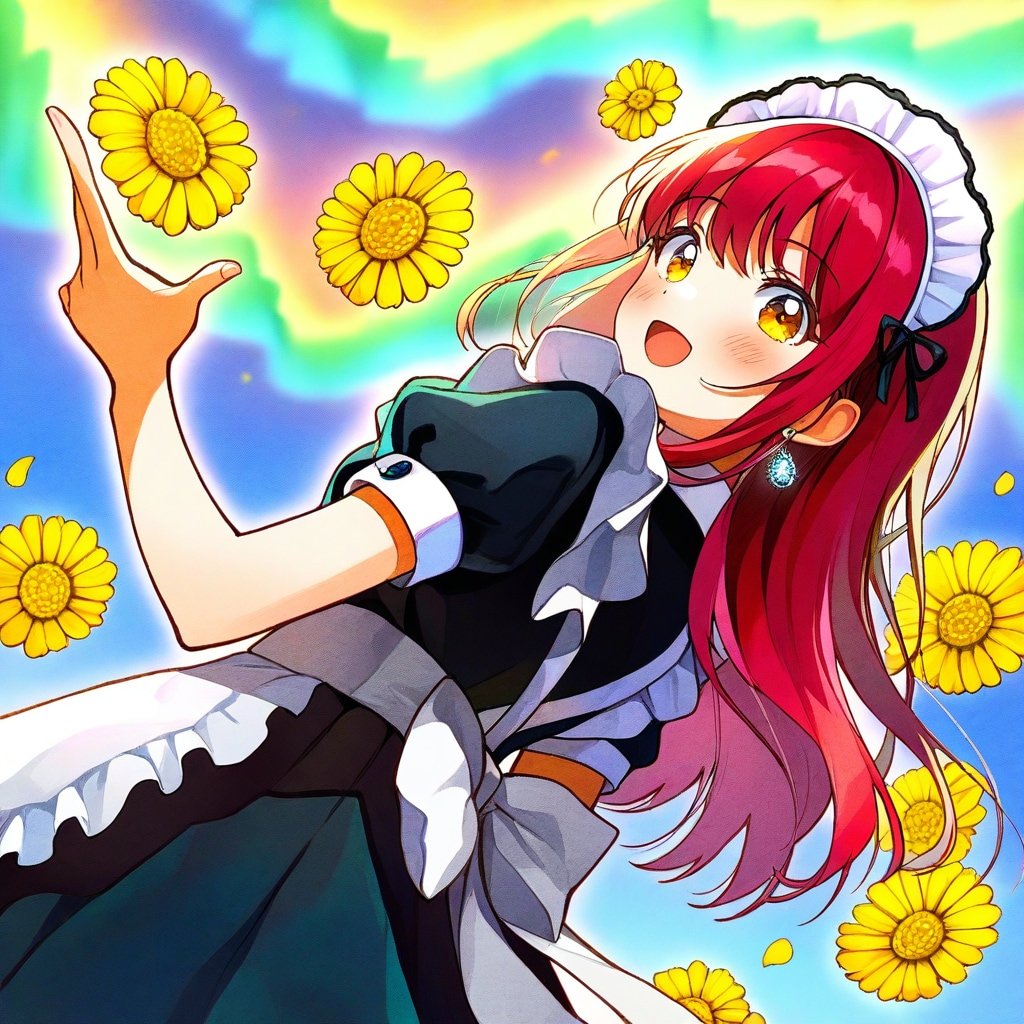 オーロラと黄色コスモスと赤髪メイド | の人気AIイラスト・グラビア