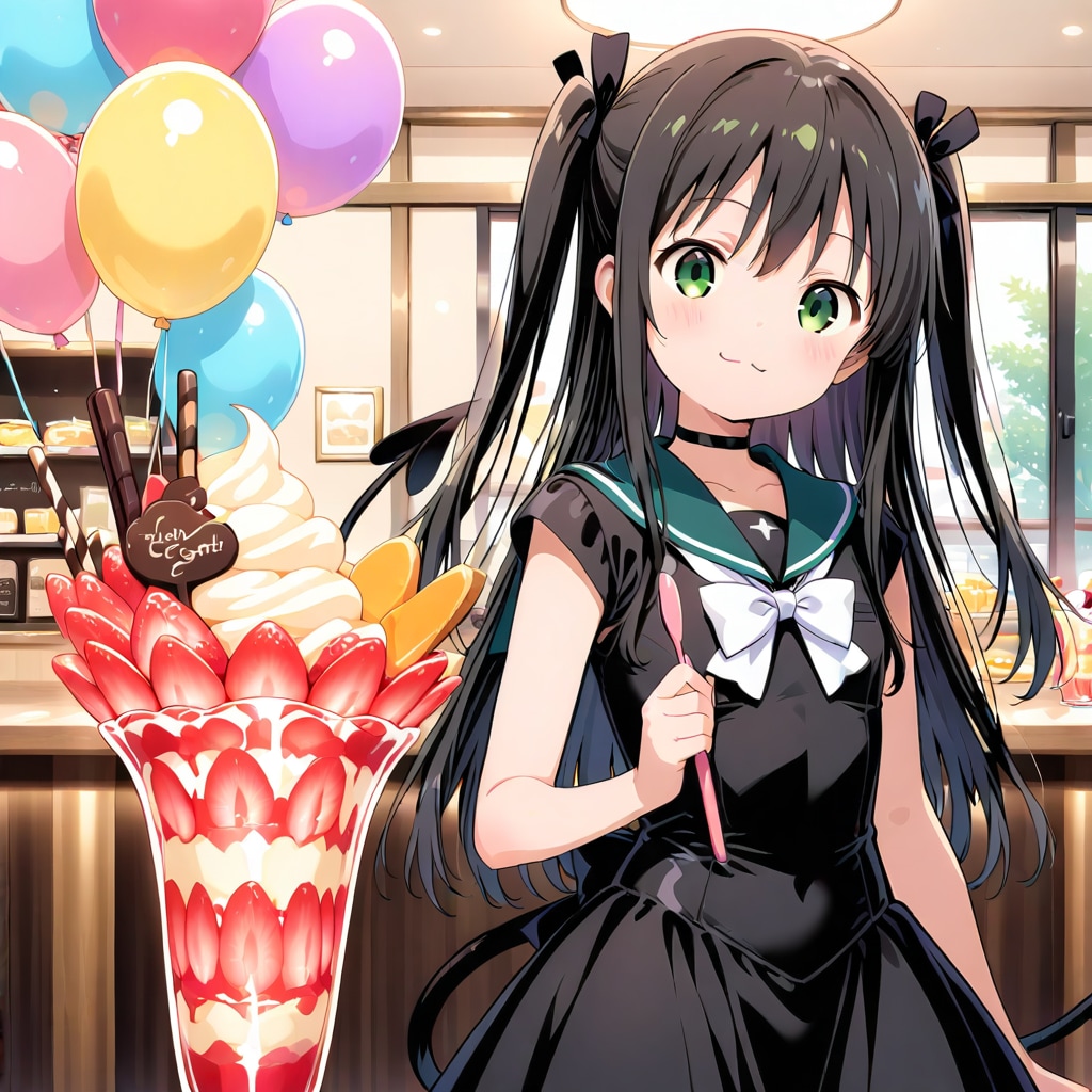 オシャレなカフェで色とりどりの風船を持つ黒髪ツインテールのセーラー服の女子高生はパフェを食べる | の人気AIイラスト・グラビア