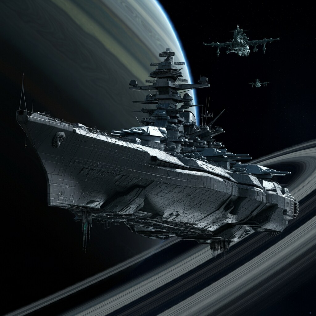 巨大宇宙戦艦、惑星の環に迫りつつ辺りを睥睨す。