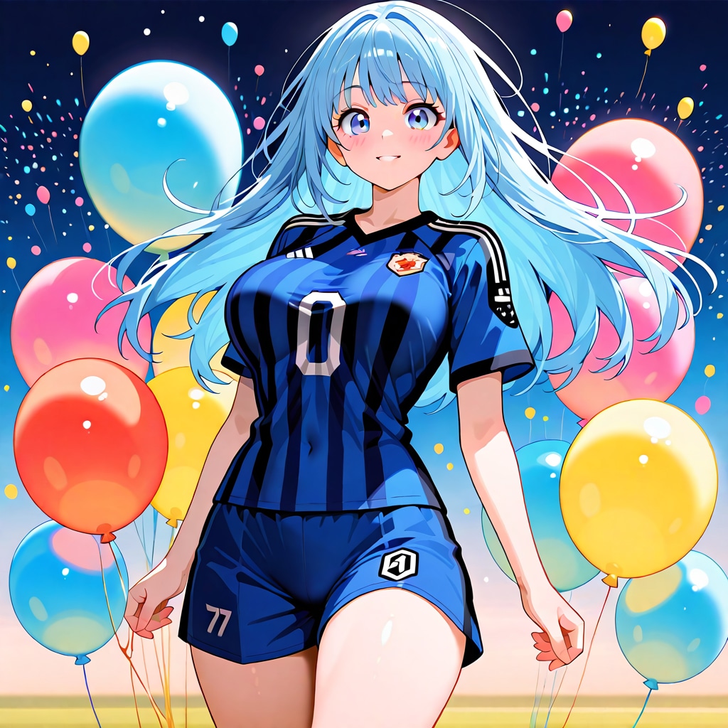 いっぱい色とりどりの風船を持つ青い髪ロングのサッカーユニフォーム着た美女