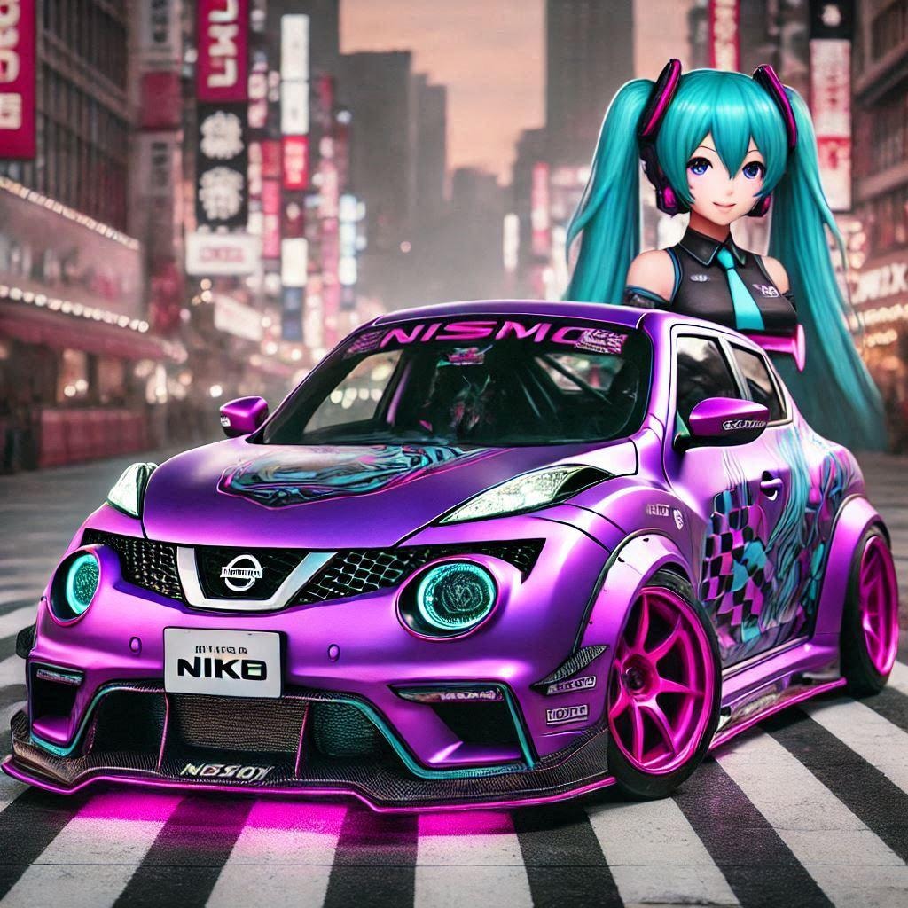 パープルカラー日産ジュークニスモのドリ車と初音ミク