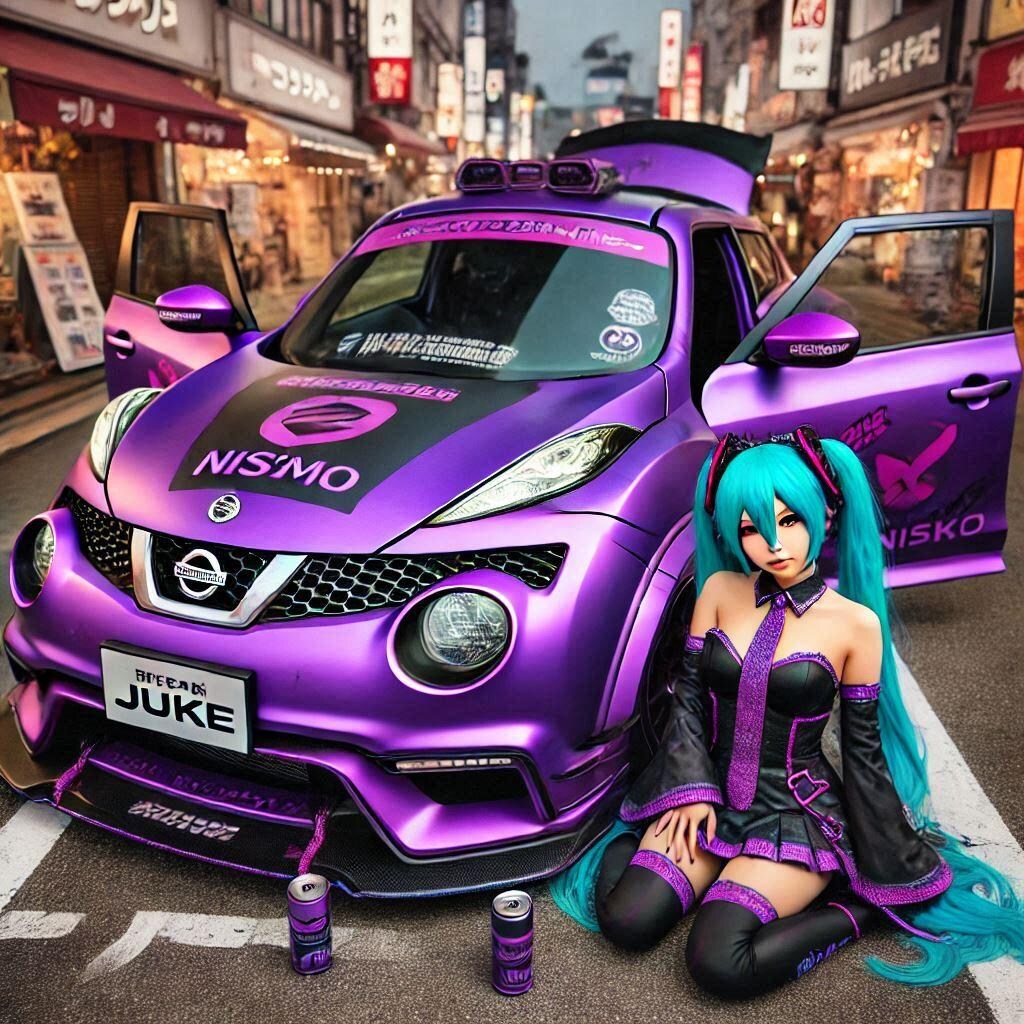 パープルカラー日産ジュークニスモのドリ車と初音ミク