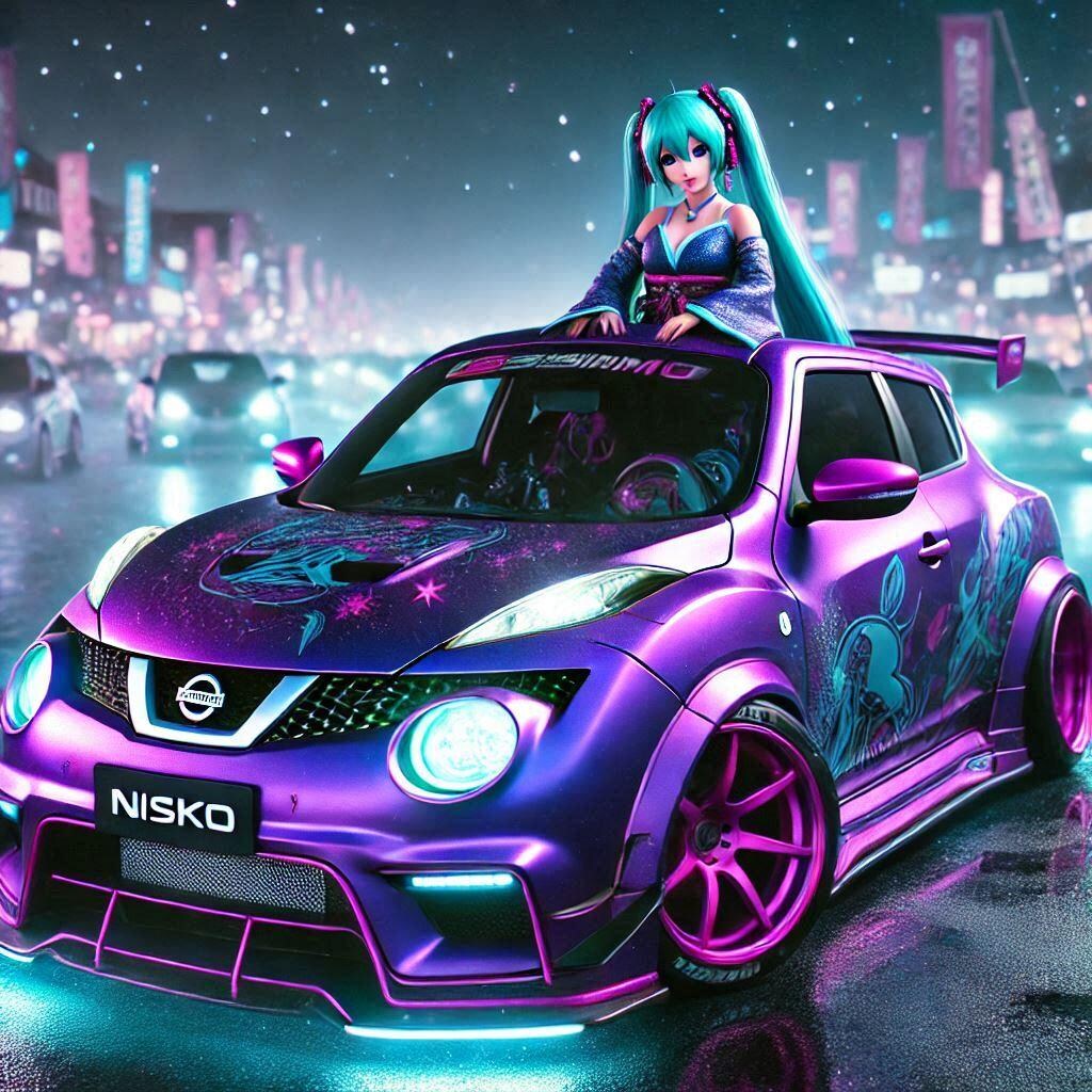 パープルカラー日産ジュークニスモのドリ車と初音ミク