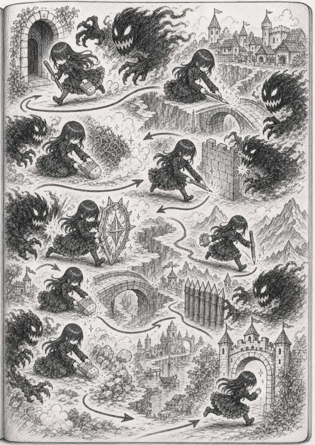 鉛筆で理想の秘密基地を作るメカクレ娘の絵本風漫画