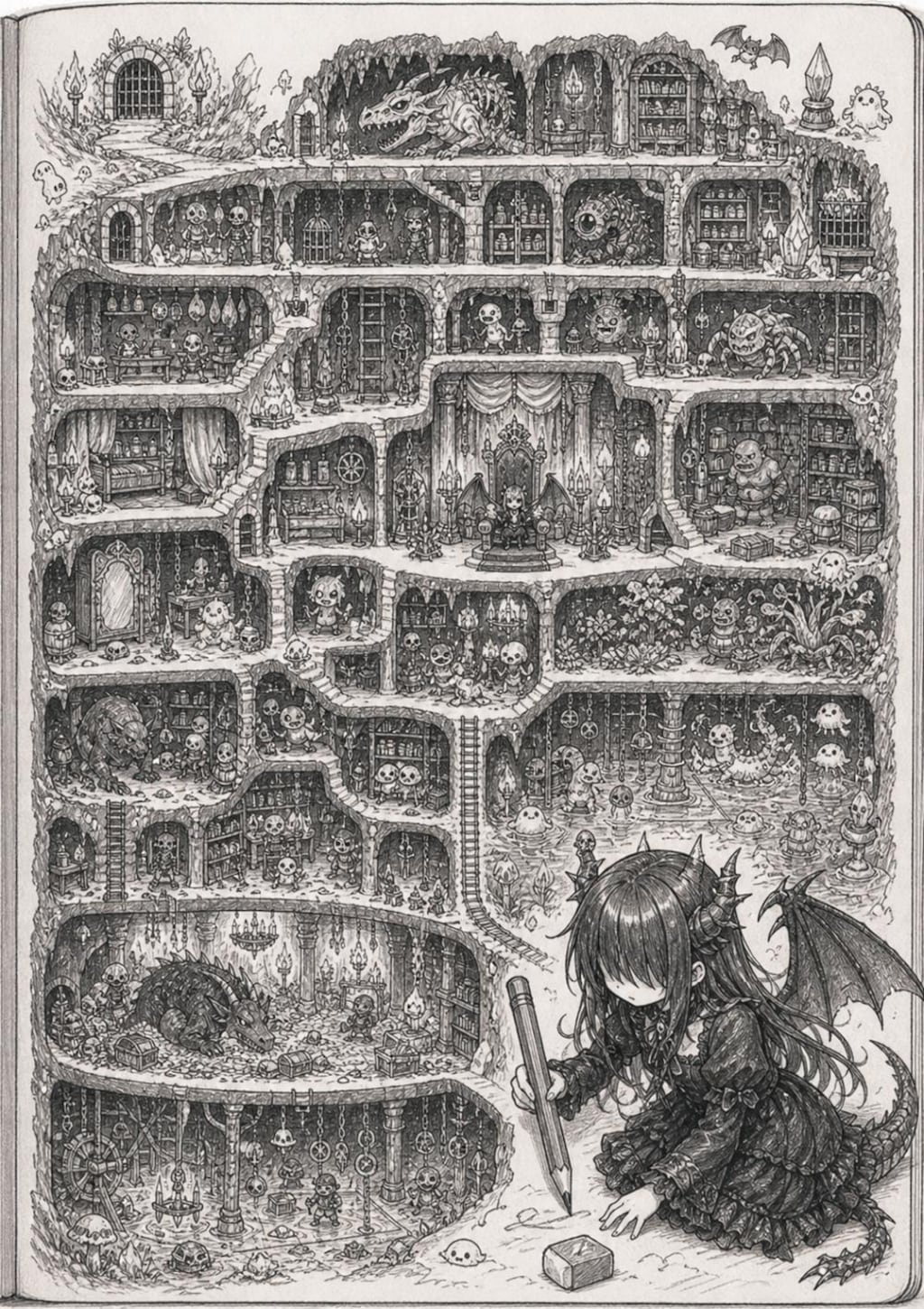 鉛筆で理想の秘密基地を作るメカクレ娘の絵本風漫画