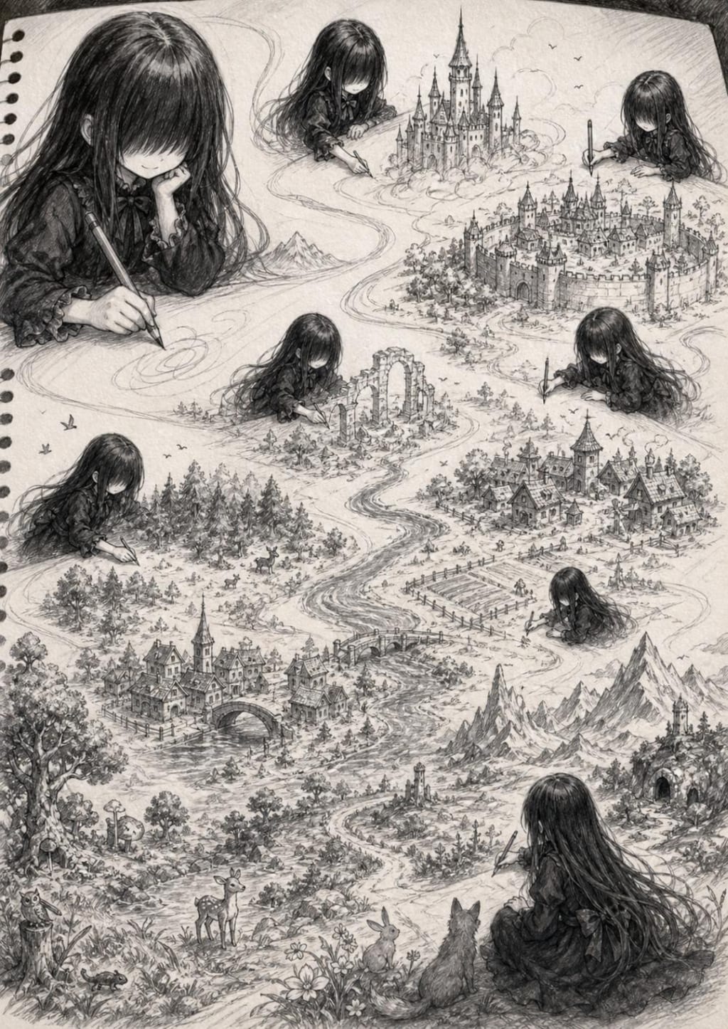 鉛筆で理想の秘密基地を作るメカクレ娘の絵本風漫画