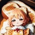 朝食のトーストの上で眠る可愛い少女 4枚目