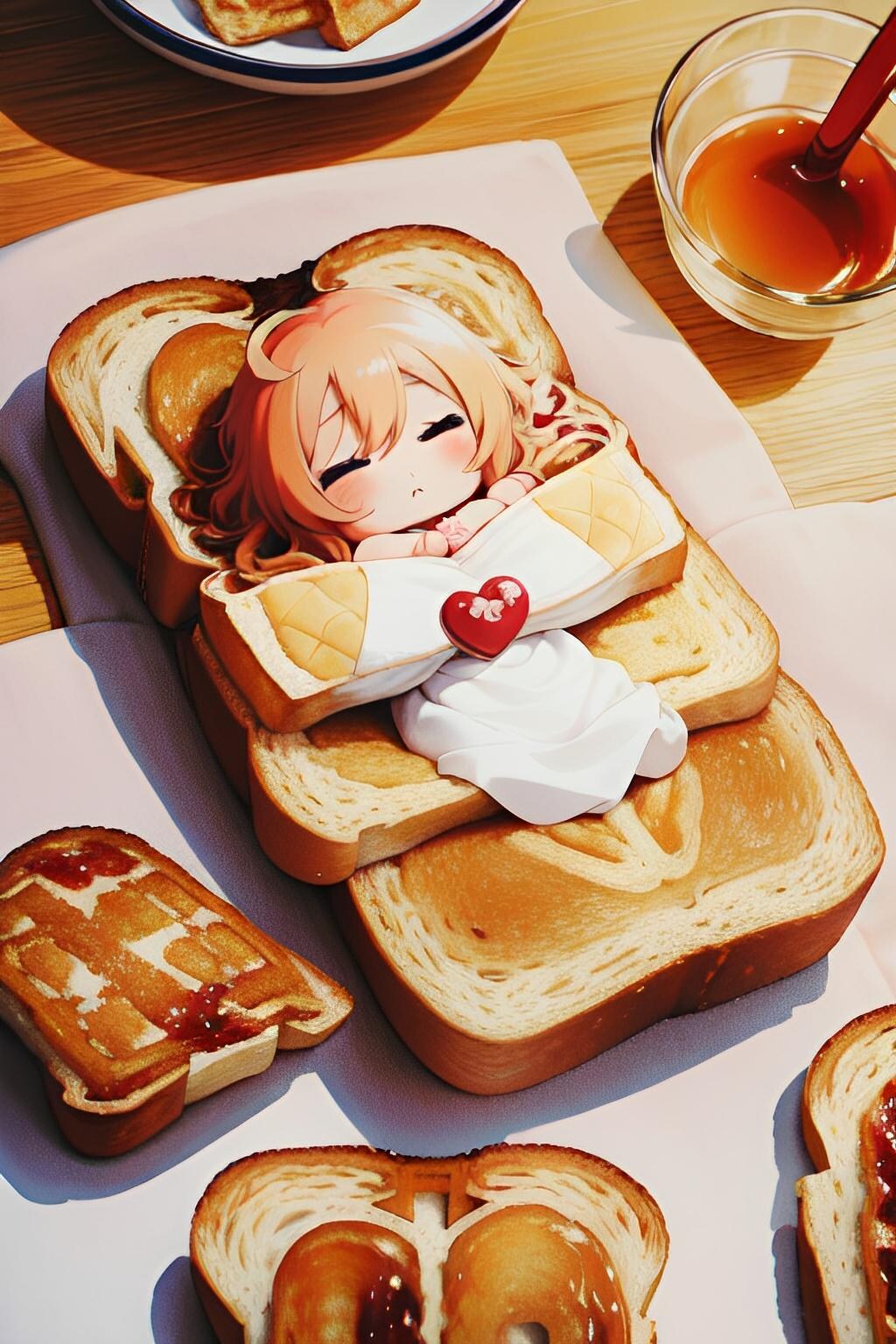 朝食のトーストの上で眠る可愛い少女