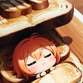 朝食のトーストの上で眠る可愛い少女 2枚目